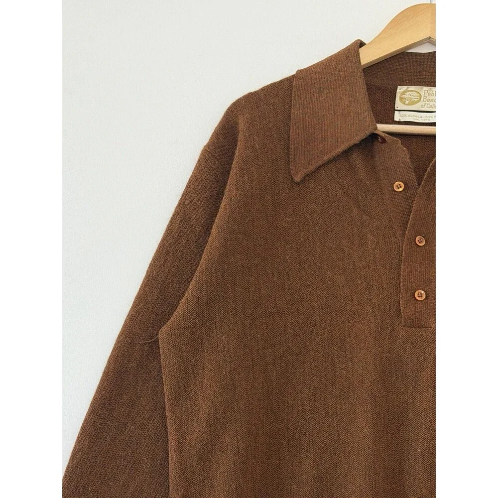Pebble Beach Polo Sweater Mens Large Brown Alpaca Wool Blend Long Sleeve Vintage